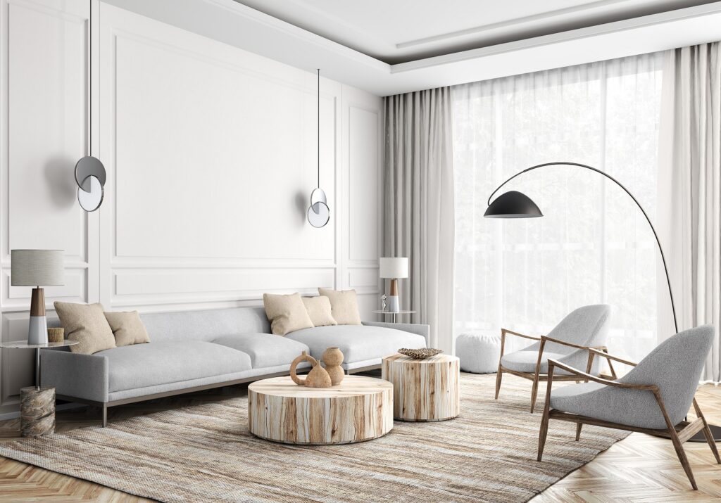 Modern interior design of cozy apartment, living room with white